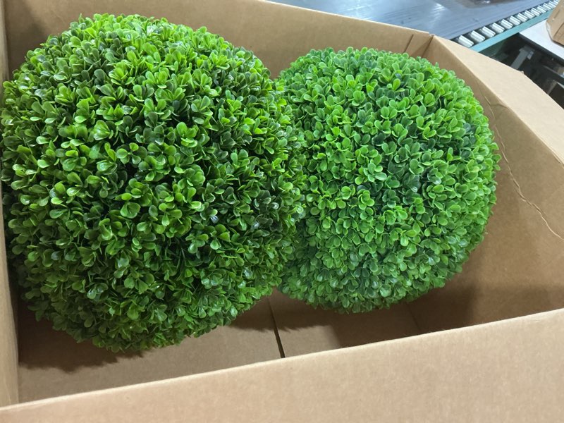 Condition photo showing New/Like New for 26-inch artificial topiary boxwood ball trees (set of two) – lifelike, uv-resistant decor for indoor & outdoor use – enhance your space with vibrant greenery 2 pcs boxwood-ground spike