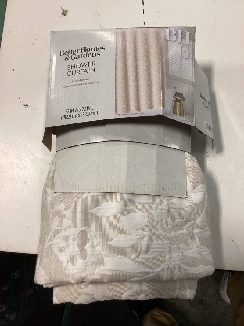 Condition photo showing As Is for better homes & gardens floral matelasse shower curtain, beige polyester, recycled poly, 72"x 72", 1pc