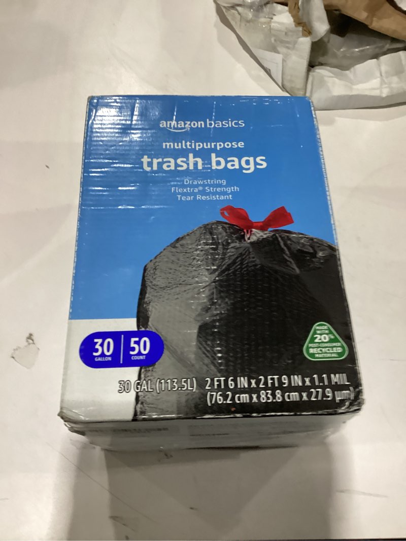 Condition photo showing New/Like New for Amazon Basics Flextra Multipurpose Drawstring Trash Bags, 30 Gallon, 50 Count Flextra 50 Count (Pack of 1)