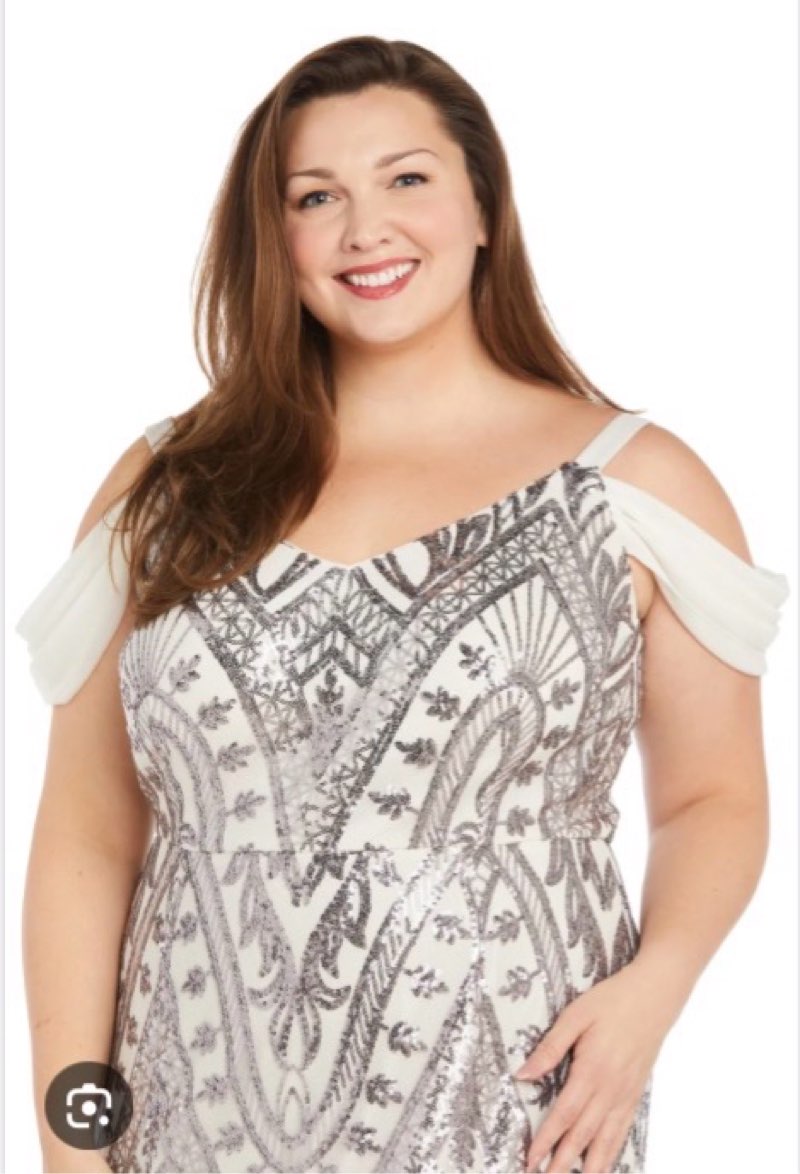 R&M Richards Women's Plus Size Graceful Mesh Beaded Gown, Ivory/Pewter 16W