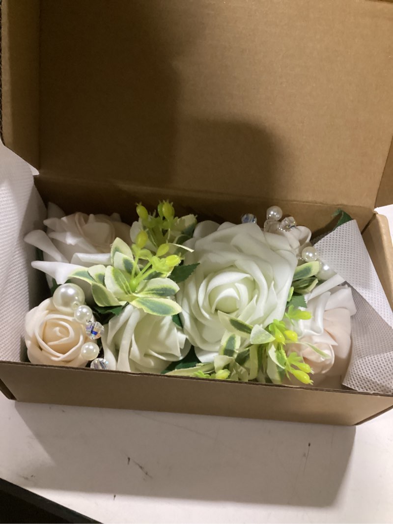 Condition photo showing Good Condition for ling's moment 2pcs prom wrist corsage artificial flowers, girl/mother corsages wristlet décor for homecoming/wedding/anniversary, etc. white ivory wht-white & ivory