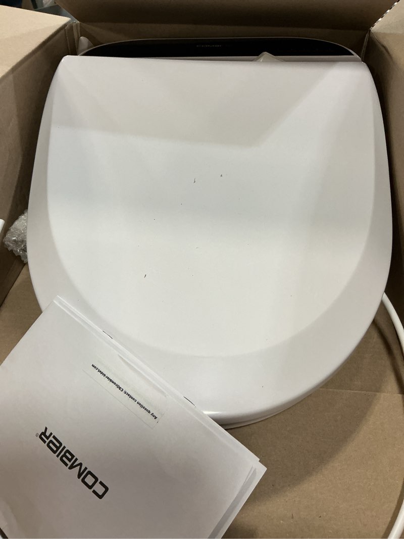 Condition photo showing As Is for combier bidet toilet seat with heated warm water & nozzle wash, auto-dry, quiet close lid, wireless remote - electric bidet seat 102s-b(elongated) oval