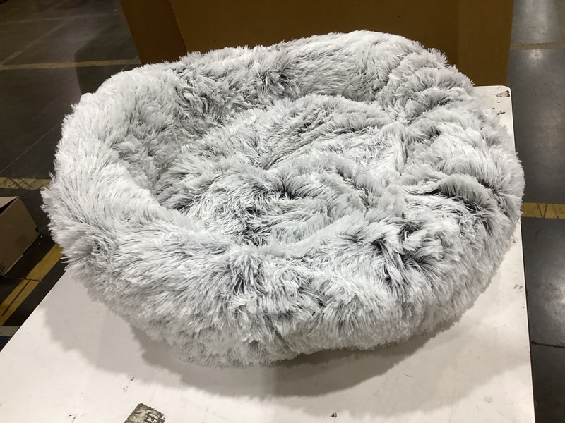 Condition photo showing Good Condition for donut pet beds, cuddler round dog bed, faux fur ped beds for cat and medium dog, cozy cat cushion bed, improved sleep self warming indoor round dog and cat bed (30”x 30”, grey)