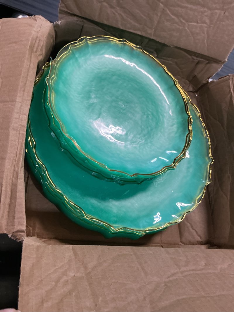 Condition photo showing Good Condition for exquisite tinted plates 40 piece plastic disposable plates for party set for 20 guests 20 x 7.5 dessert plates & 20 x 10 thin delicate fancy plastic plates disposable dinnerware mint gold rim mint gold rim 40