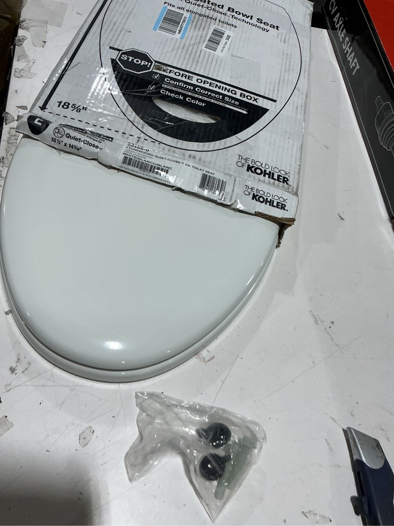 Condition photo showing New/Like New for kohler stonewood quiet-close elongated toilet seat, slow close design, durable wood, easy installation, universal fit, white finish, k-20466-0