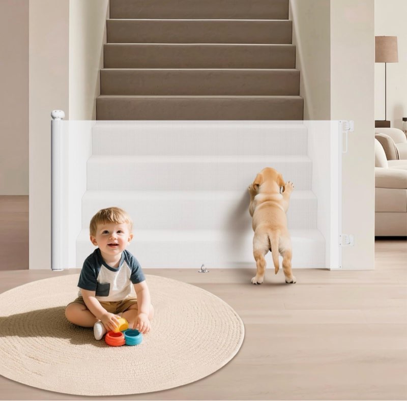 Retractable Baby Gates for Stairs, 71"Wide x 34"Tall Mesh Baby Gate with Anti-Crawling Hook, Adjustable Baseboard Bracket, Child Gate for Hallways, Doorways, Kitchen, Indoor & Outdoor, White