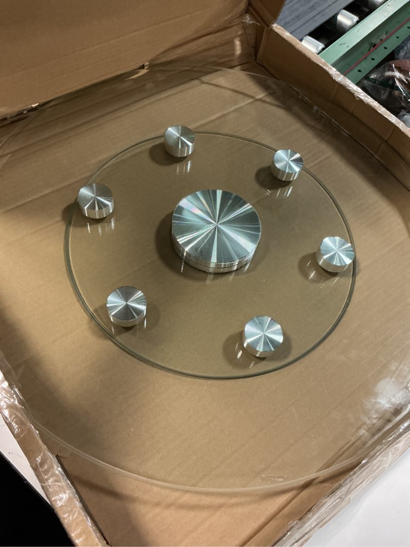 Condition photo showing Good Condition for vevor 24 in glass lazy susan turntable, tempered glass dining table centerpiece with 6 rotating wheels, 360° smooth and silent spin tabletop rotating tray, for family gatherings, banquets & weddings glass 24 "