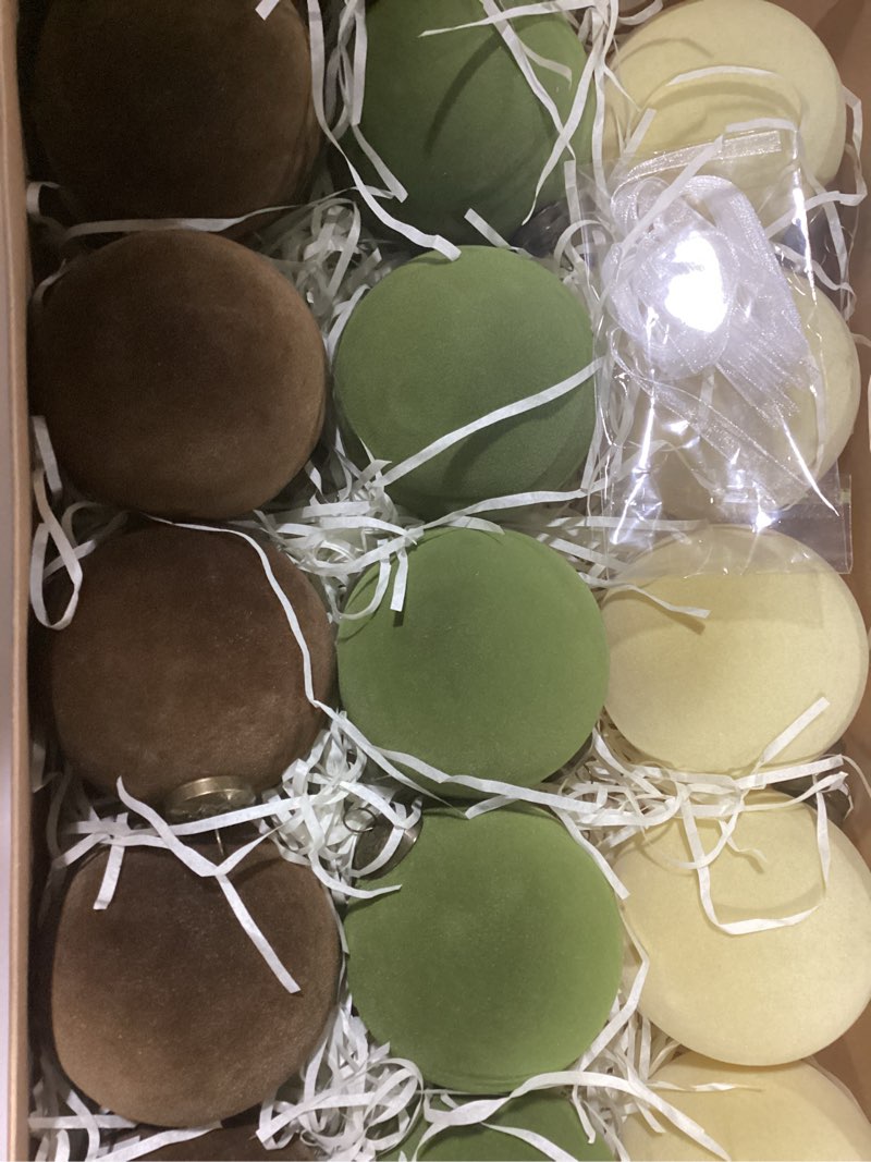 Condition photo showing Good Condition for 3.15 Inch Velvet Christmas Balls Ornaments, 15 Pcs Beige Green Brown Velvet Ornaments for Christmas Tree, Large Flocked Hanging Xmas Ball Bulk for Garland Indoor Holiday Party Home Decor