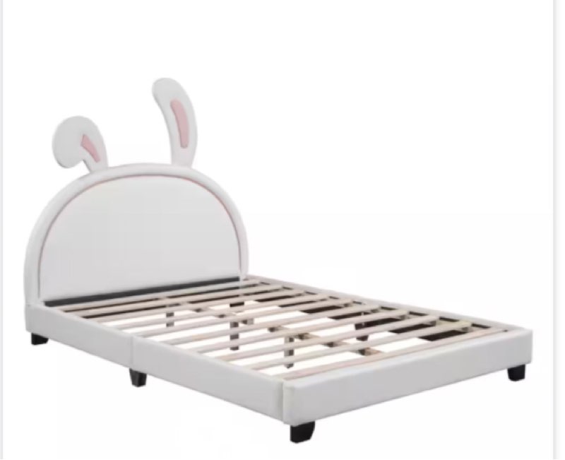 ( incomplete 2 of 2)Aukfa Upholstered Platform Bed with Bunny Ears Headboard for Kids, Faux Leather Twin Bed - White