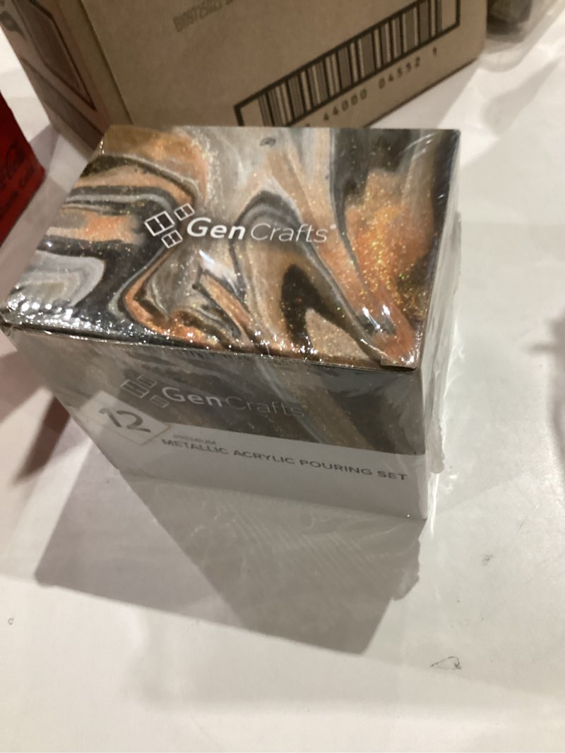 Condition photo showing New/Like New for GenCrafts Metallic Acrylic Pouring Paint 12 Colors Pre-Mixed High Flow & Ready to Pour - 2 oz./60 ml Bottles - Multi-Purpose Paints for Canvas, Paper, Rocks, Wood Metallic 12 x 60ml (2 fl oz)