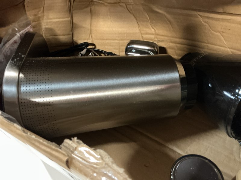 Condition photo showing As Is for tuni g2 conical burr coffee grinder, 70 grind settings anti-static burr mill, precision electronic timer and led touchscreen for espresso/drip/cold brew/french press, stainless steel silver