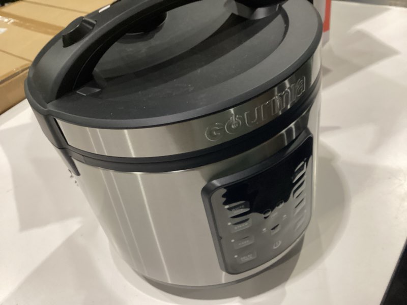 Condition photo showing Good Condition for damaged gourmia rice cooker – 5 qt capacity, 20 cup cooked, 10 cup uncooked, digital controls, 6 cooking presets, grain cooker & steamer, nonstick pot, steam tray, delay timer, keep warm, stainless steel 5 quart