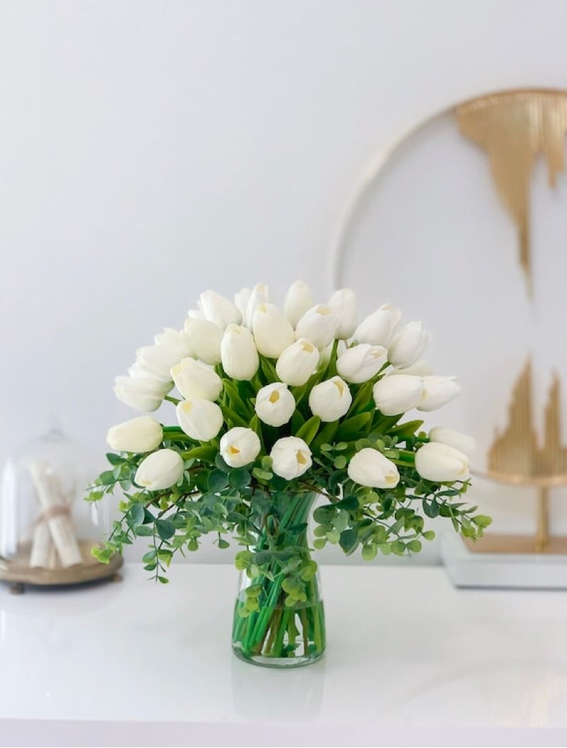 Real Touch Flower Tulips Centerpiece in Vase in White