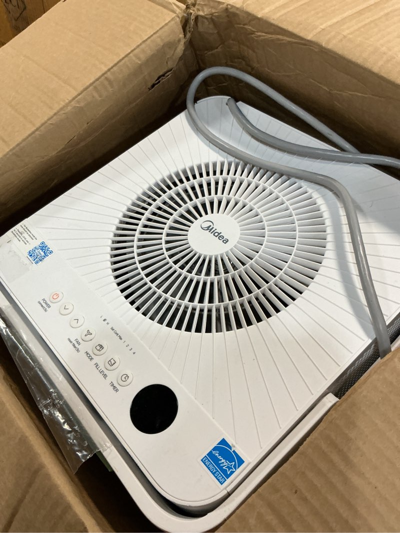 Condition photo showing As Is for midea cube 50 pint dehumidifier for basement and rooms at home for up to 4,500 sq. ft., smart control, compatible with alexa (white), drain hose included