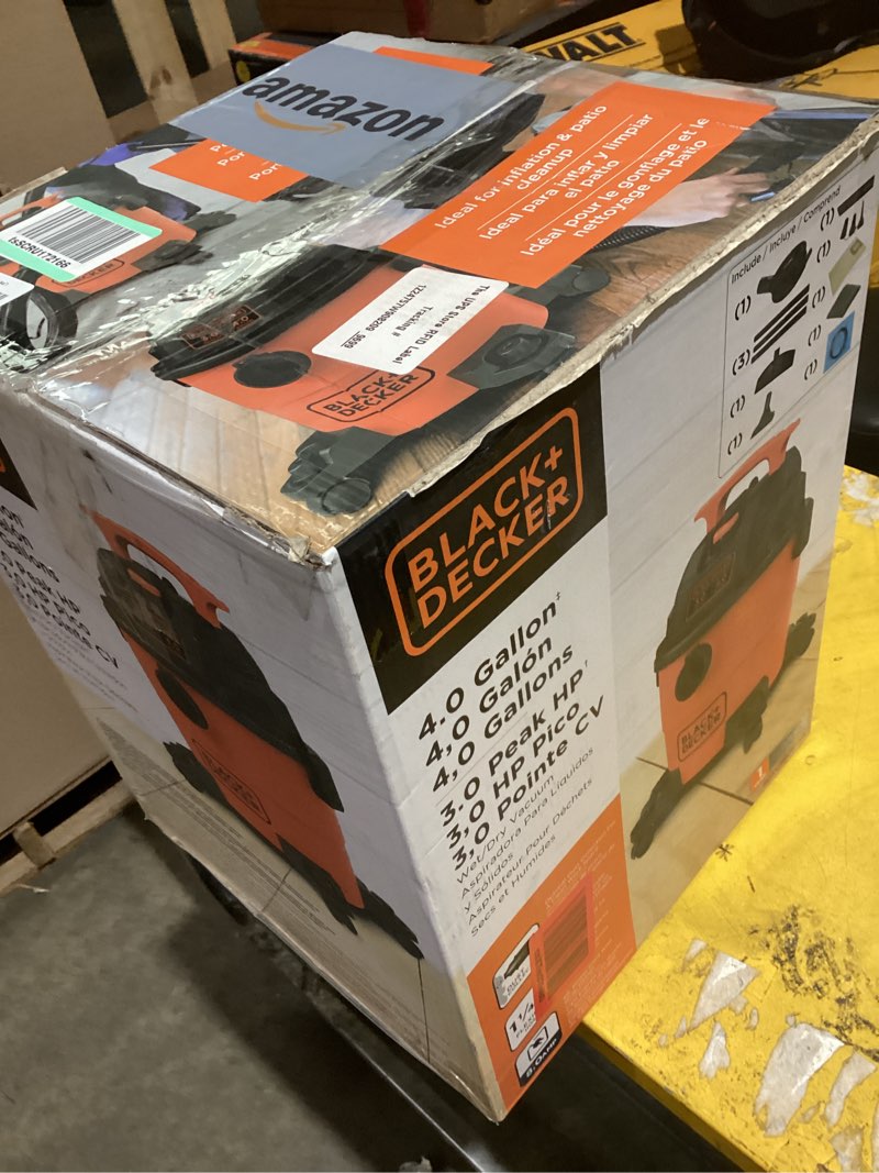 Condition photo showing As Is for black+decker shop vacuum wet and dry, 4 gallon 3.0 peak hp, portable shop vac with accessories, home