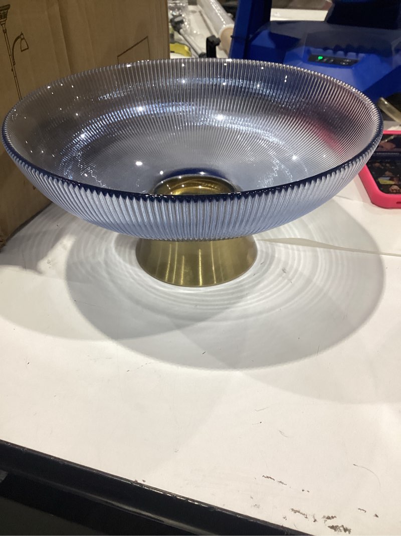 Condition photo showing Good Condition for round glass decorative bowl (blue), 9.8 inches handblown striped design glass bowl with rust resistant metal base,decor fruit bowl for home decor,table centerpiece,kitchen island and dining decor
