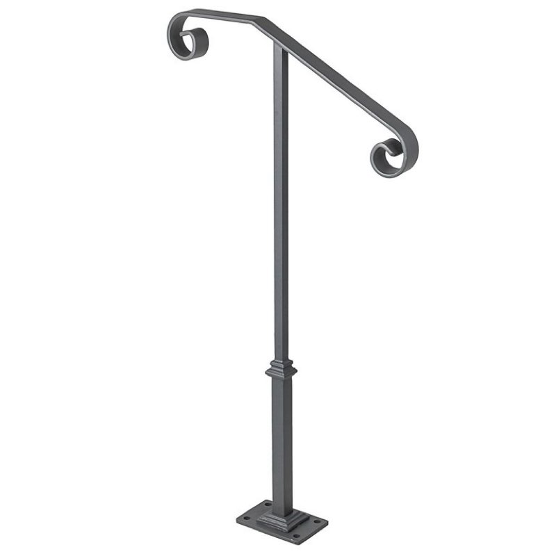 single post wrought iron handrail – fits 1 or 2 outdoor steps, transitional gray porch railing with sturdy base for concrete/wooden stairs – easy install no-drill senior safety rail  