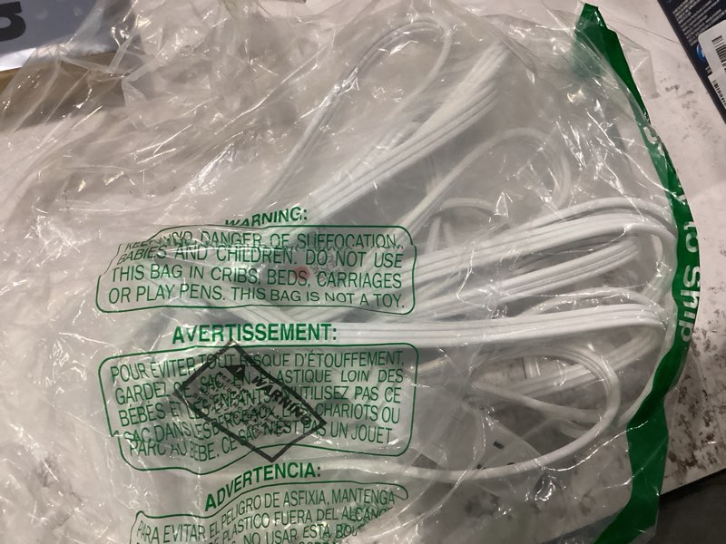 Condition photo showing New/Like New for 3-outlet flat extension cord 20 ft, 16 gauge extension cable, flat plug, multi outlet, 3 prong angled plug, spt-3 power strip indoor extension cable, etl listed, white 20ft white