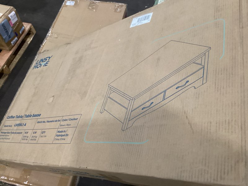 Condition photo showing As Is for LINSY HOME Farmhouse Coffee Table with Storage, Wood Coffee Table for Living Room, Open Display Area and Storage Drawers with Metal Handles, Chic Style with Curved Base, Brown