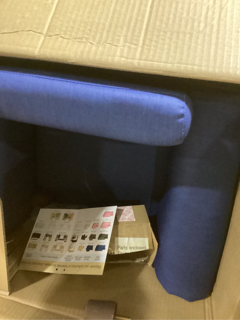Condition photo showing Good Condition for melissa & doug denim fabric child’s armchair (kid’s furniture, 23”l x 17.5”w x 18.3”h) children's furniture, child's reading chair, chairs for toddlers, oversized kid's armchair