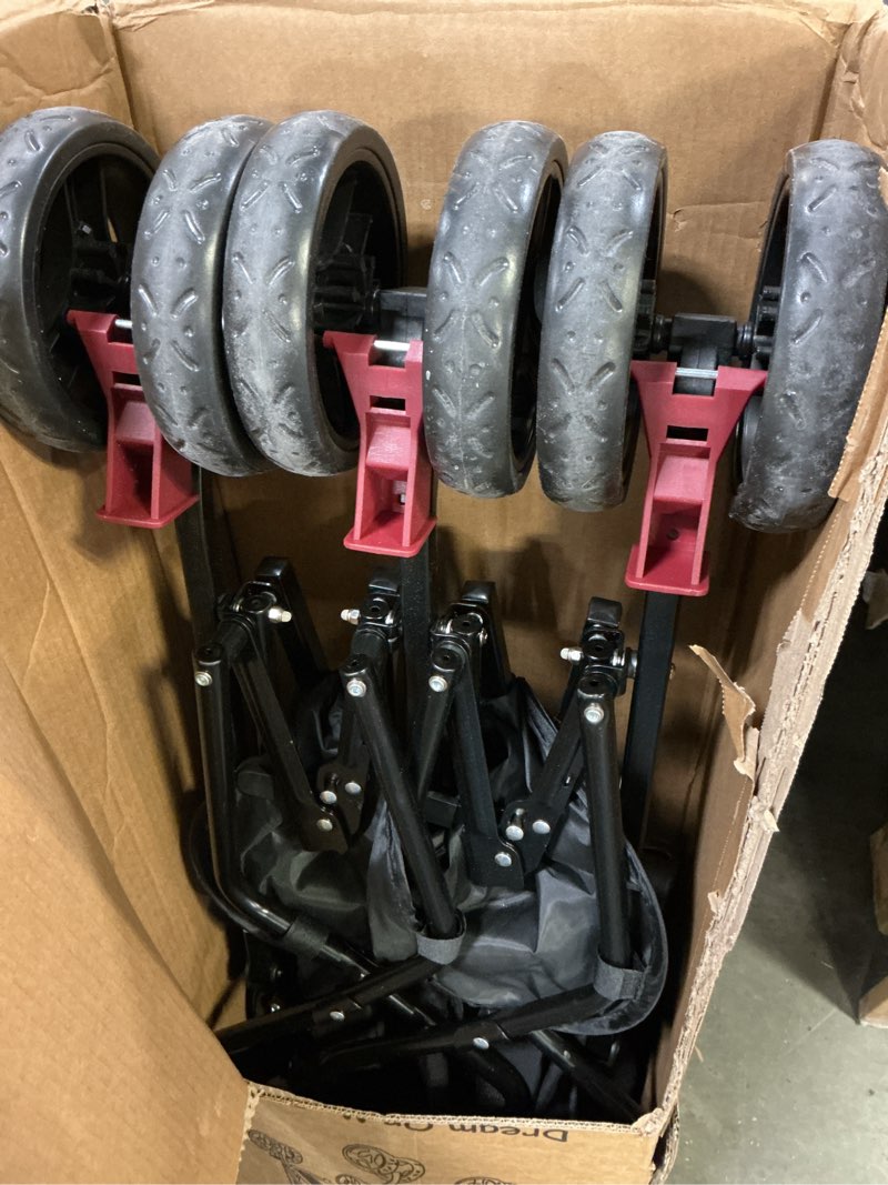 Condition photo showing As Is for Dream On Me Volgo Twin Umbrella Stroller in Black, Lightweight Double Stroller for Infant & Toddler, Compact Easy Fold, Large Storage Basket, Large and Adjustable Canopy