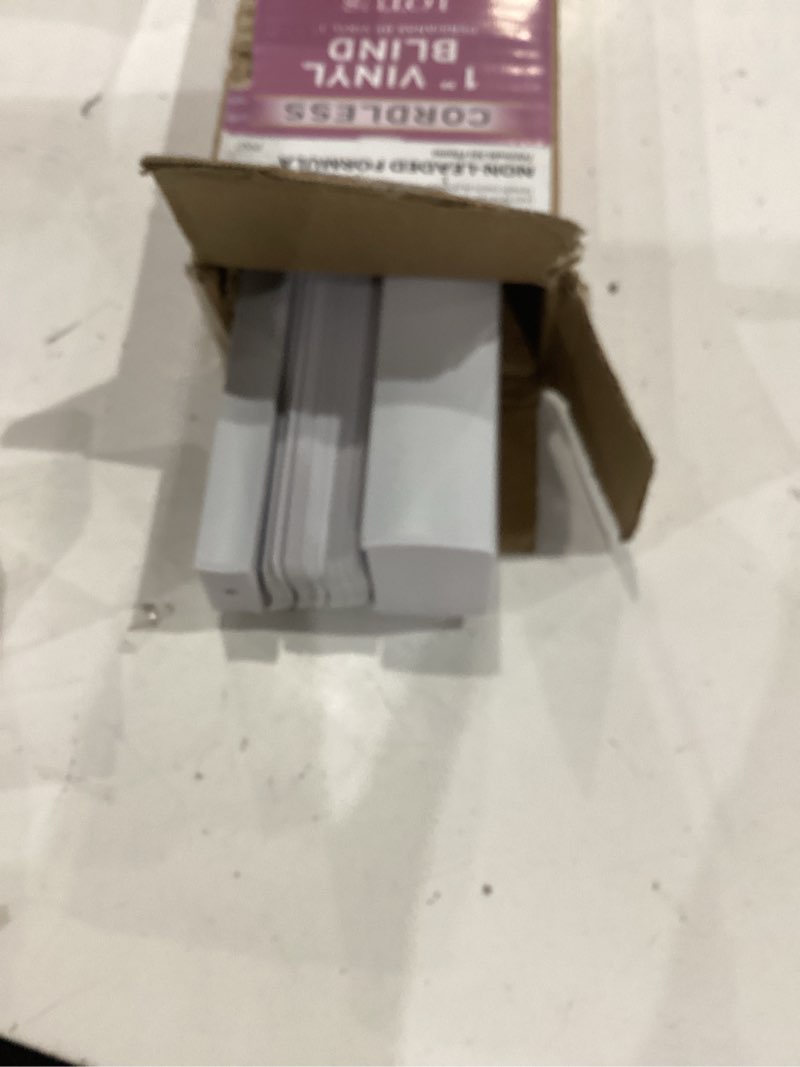 Condition photo showing Good Condition for lotus & windoware cordless mini blind, 1" vinyl slats, 26" wide x 48" long - white, window blinds for home and office, interior door blinds - light filtering 26"w x 48"h white