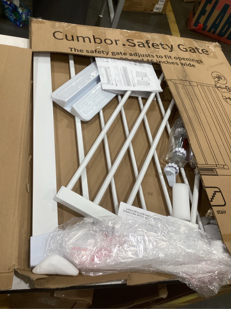 Condition photo showing As Is for cumbor 30-46" baby gate for stairs, toddler safety essentials for the house, auto close dog gate for doorways, mom's choice awards winner-easy install pressure mounted pet gates for dogs, white