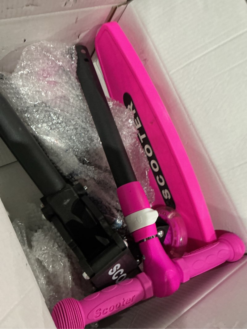 Condition photo showing As Is for kids kick scooter for 3-12,lean-to-steer 3 wheel scooter for beginners with light-up wheels,3 adjustable handlebar 27.5"–33",6-inch wide deck,rear foot brake,foldable scooter for boys & girls pink