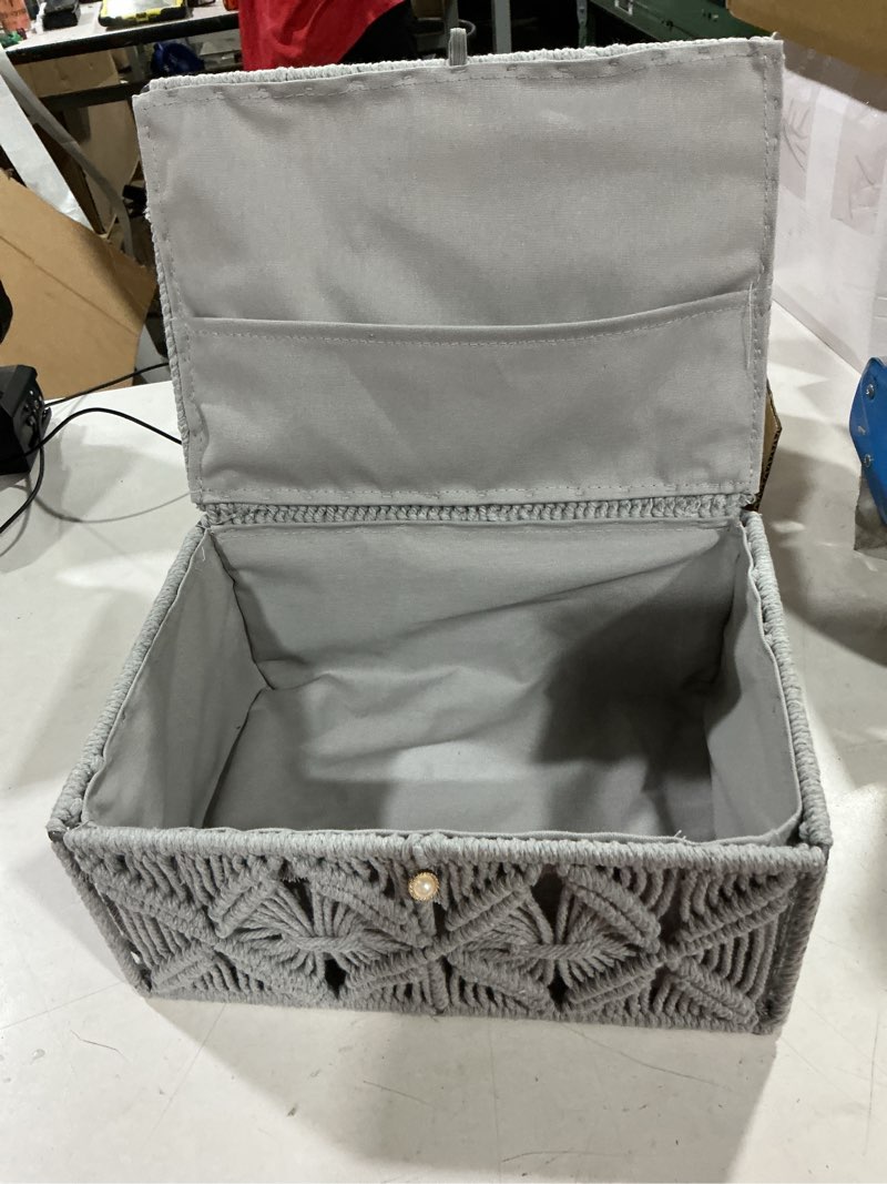 Condition photo showing Good Condition for decorative boho storage baskets with lid bohemian macrame jewelry box handmade natural cotton rope woven bins memory keepsake photo makeup organizer shelf container (gray, large) large gray