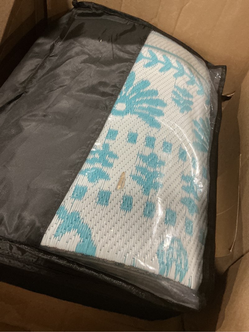 Condition photo showing As Is for garvee reversible outdoor rug 9x12 for patio, waterproof outdoor area rug, modern medallion indoor outdoor rugs, plastic straw rug for rv, camping, deck, vintage blue teal blue & white 9' x 12' (rectangular)