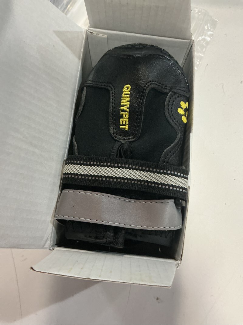Condition photo showing Good Condition for QUMY Dog Shoes for Large Dogs, Medium Dog Boots & Paw Protectors for Winter Snowy Day, Summer Hot Pavement, Water-Resistant in Rainy Weather, Outdoor Walking, Indoor Hardfloors Skid-Resistant Sole Black Size 4: 2.2''x2.6''(W*L) (Pack of 4)