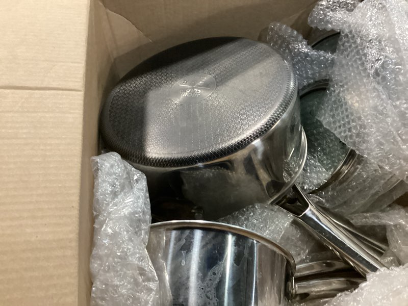 Condition photo showing As Is for Pots and Pans Set Non Stick, 10 Pcs Hybrid Stainless Steel Cookware Sets, Non Stick Frying Pans, Saucepans, Saute Pan & Stock Pot, PFOA Free Kitchen Skillet,Induction Compatible