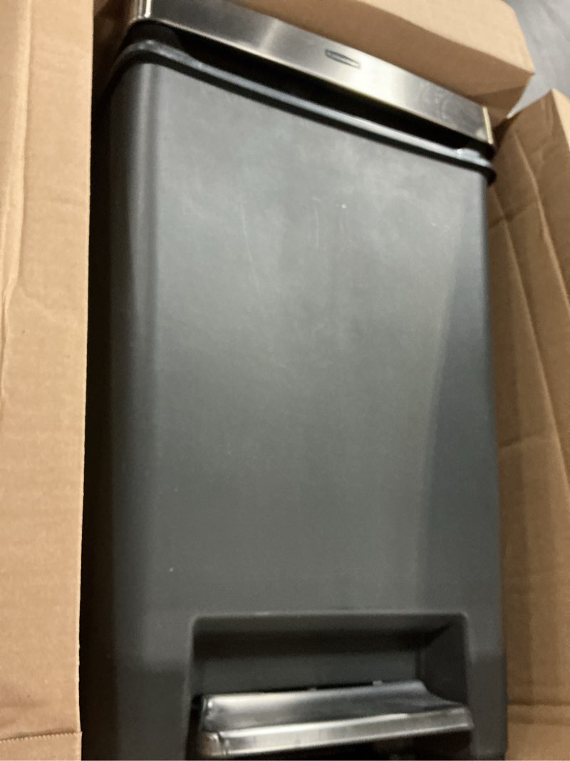 Condition photo showing As Is for Rubbermaid Premier Series III Step-On Trash Can for Home and Kitchen, with Stainless Steel Rim, 12.4 Gallon, Charcoal, for Home/Kitchen/Garage/Apartment/Office Metal Rim, Resin Lid