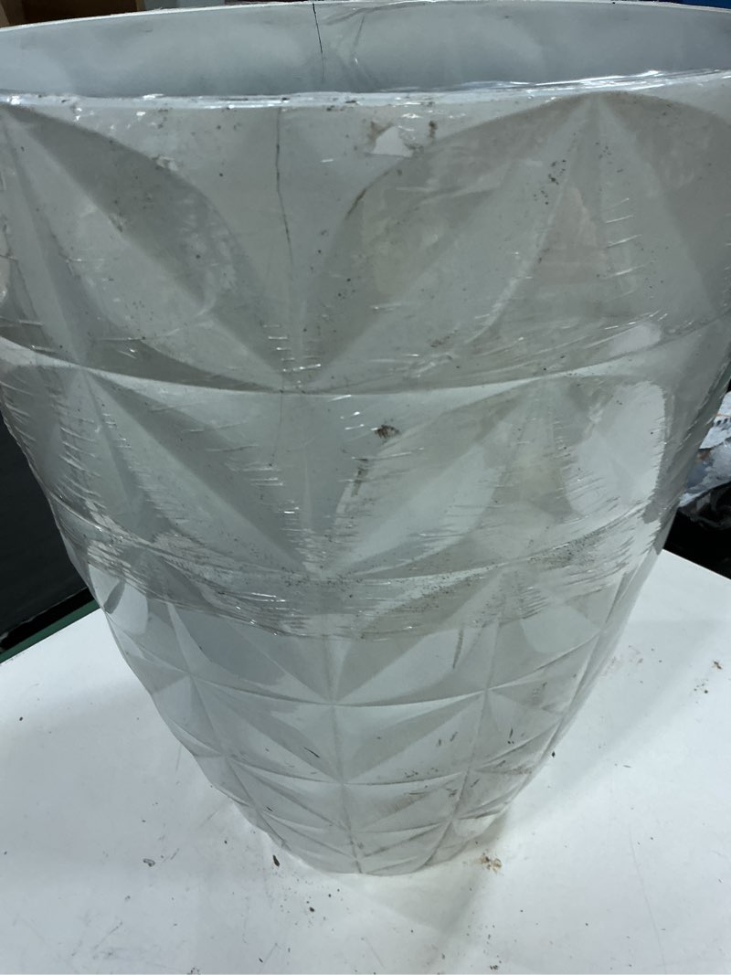 Condition photo showing As Is for allen + roth round 15.16-in w large white resin contemporary/modern indoor/outdoor planter with drainage holes