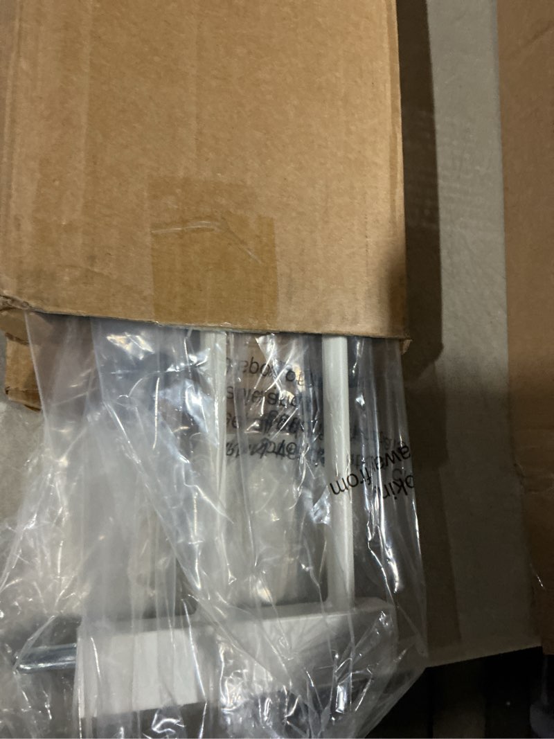 Condition photo showing As Is for babelio metal baby gate, 5.5inch (14cm) white extension, extra wide baby gates for stairs & doorways, pressure mounted walk thru child gate with door, no need tools no drilling,28" tall 28" high, 5.5" wide extension white