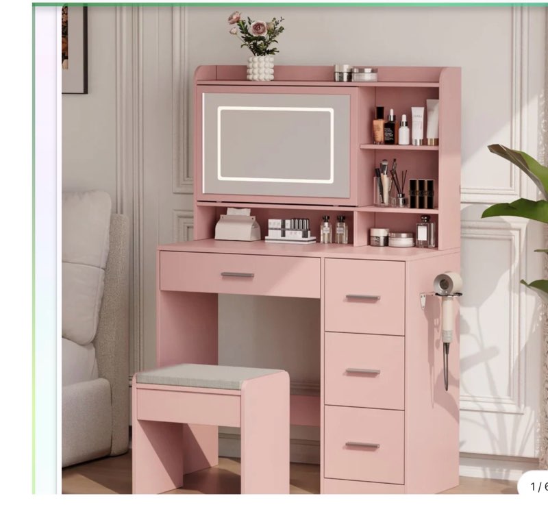 viaozutis vanity desk with a mirror and lights?with chair and four drawers, three adjustable lighting modes?with power outlet and sliding led mirror,bedroom vanity desk (pink