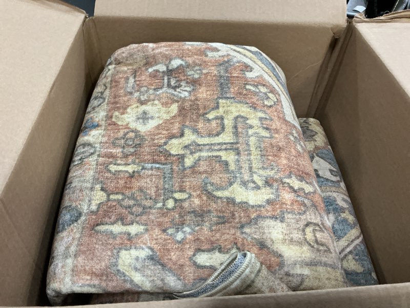 Condition photo showing Good Condition for Kokia 8x10 Washable Area Rugs Terracotta with Vintage Orient Design, Soft Rug for Living Room or Bedroom, Non-Slip Low Pile Stain Resistance Features, Distressed Medallion Pattern 8' x 10' (Rectangular) Terracotta/Almond/Midnight/Toffee