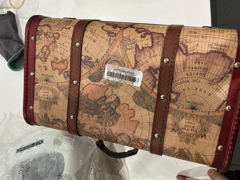 Condition photo showing Good Condition for elldoo vintage wooden storage chest, portable decorative luggage suitcase, treasure chest box with map pattern, pirate keepsakes box for gifts, chest storage box for decor storage travel