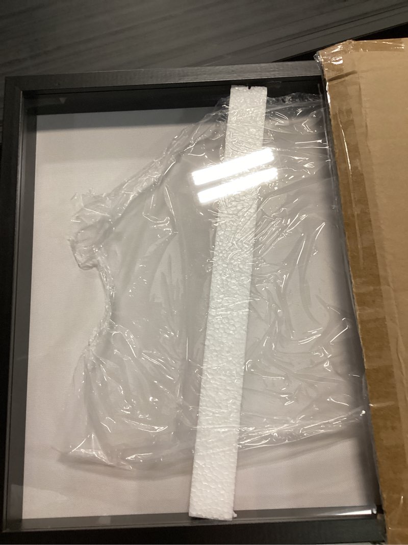 Condition photo showing As Is for califortree large 16x20 shadow box frame with soft linen back - jersey frame memory display case, 12 push pins included, black black - foam back 16x20