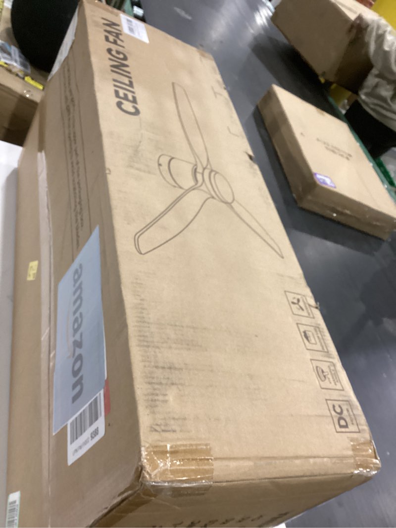 Condition photo showing As Is for 52 Inch Ceiling Fan with Remote Control, Reversible DC Motor, Ultra-Quiet, Dimmable LED Light, Modern Woodgrain Design for Bedroom, Living Room, Indoor & Outdoor Use Brown 52‘’