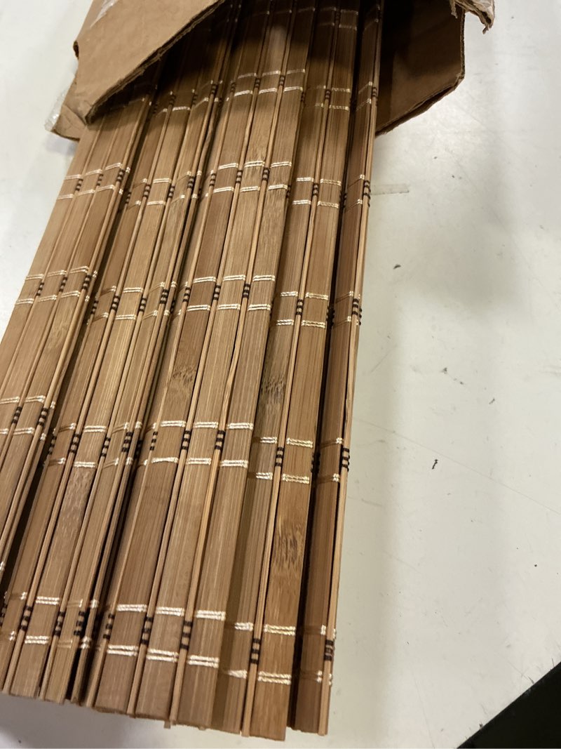 Condition photo showing As Is for lazblinds no tools no drill bamboo roller shades, cordless bamboo blinds, light filtering roll up blinds for windows, french door, porch or patio privacy screen, 26'' w x 40'' h, brown206 brown206 26'' w x 40'' h