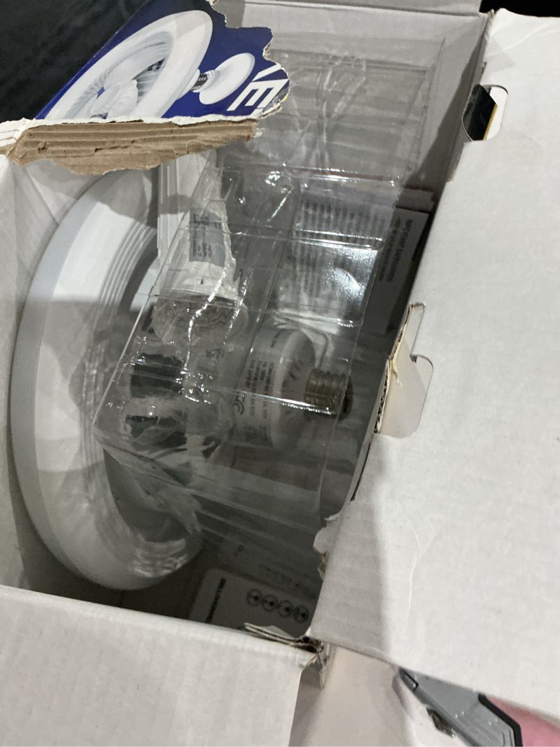 Condition photo showing As Is for 10.1 in. led color changing indoor white ceiling fan with remote, socket air