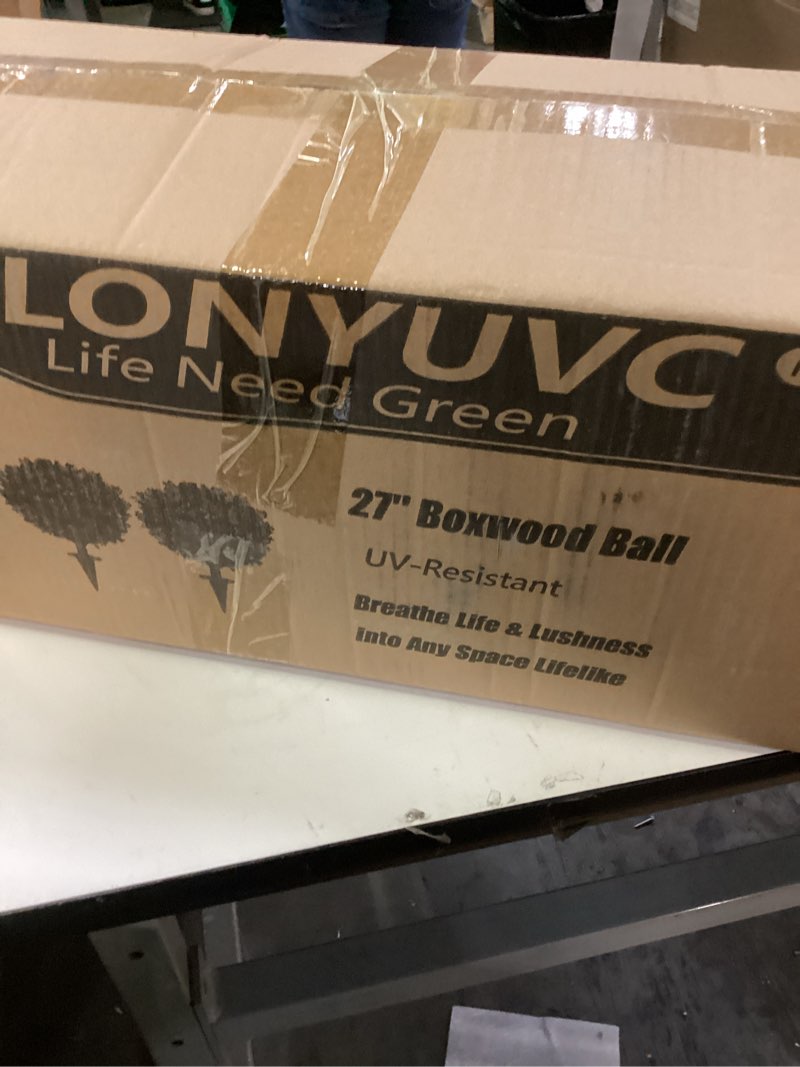 Condition photo showing New/Like New for Artificial Boxwood Ball Bush 27" Tree UV Resistance Rated with Spike. Easy to Push in The Ground.Plant Looks Great in a Planter Anywhere. Indoor/Outdoor Decor 2 Pack Boxwood Green 2