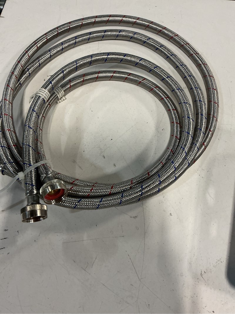 Condition photo showing As Is for (only 1) eastman 2-pack 6-ft 3/4-in fht inlet x 3/4-in fht outlet stainless steel washing machine connector