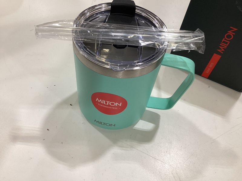 Condition photo showing Good Condition for milton travel coffee mug 14 oz with straw, double walled, stainless steel vacuum insulated coffee tumbler with lid and handle, perfect for hot and cold drinks, bpa-free, dishwasher safe, clifton 400 seafoam