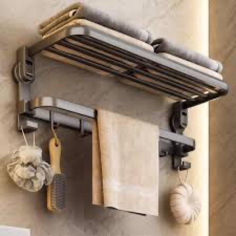 Towel Rack with Towel Bar Holder Suction Cup Foldable Towel Shelf No Drill with 6 Hooks Rustproof Towel Storage Wall Mount for Bathroom Lavatory Matte Black 20 Inch