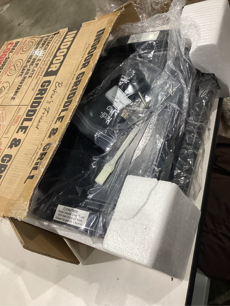 Condition photo showing Good Condition for baker’s friend indoor griddle & grill, electric griddle with 2 in 1 indoor grill and griddle plate indoor grill with removable plate, silicone mold, dishwasher safe, recipes include, graphite