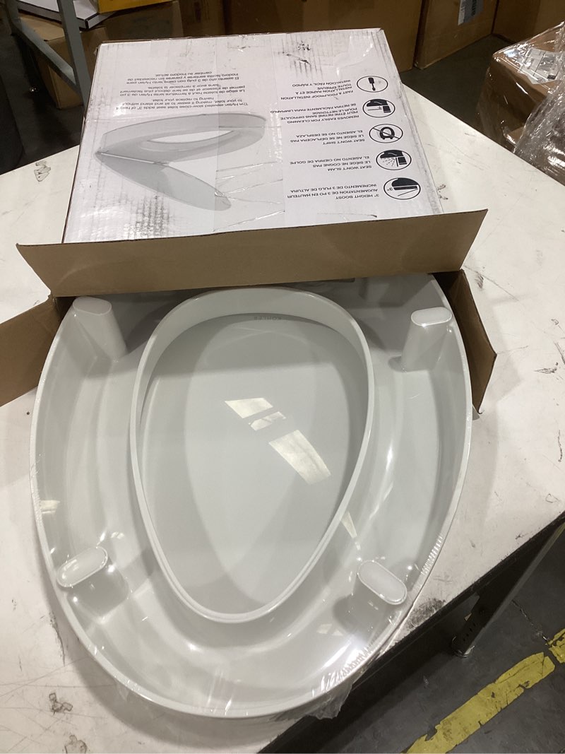 Condition photo showing Good Condition for kohler 25875-0 hyten 3" height, elevated soft close elongated toilet seat, contoured seat with grip-tight bumpers, quick-attach hardware, no slam toilet seat, white white elongated