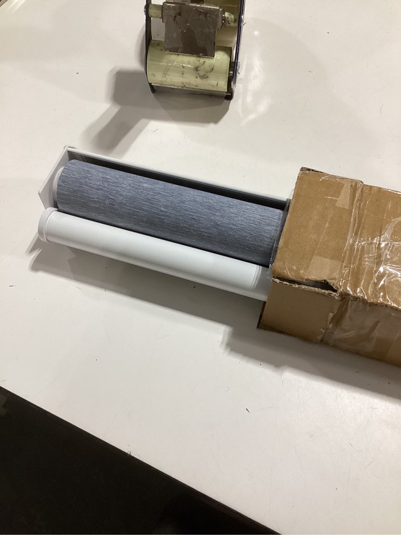 Condition photo showing As Is for lazblinds cordless zebra blinds for windows, free-stop roller windows shades with cassette, light filtering dual layer sheer shades for home and office, 19" w x 72" h, grey - linen grey - linen 19" w x 72" h