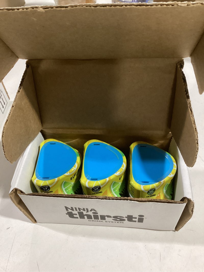 Condition photo showing New/Like New for Ninja Thirsti Flavored Water Drops, FRUITI CHILL+ Lemon Lime, Bold Fruit Flavor with Caffeine,Sparkling or Still, Zero Calories, Zero Sugar, Makes 17, 12oz drinks, 3 Pack, WCFLELIAM